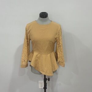 Elegant Tan Lace Sleeve Peplum Blouse